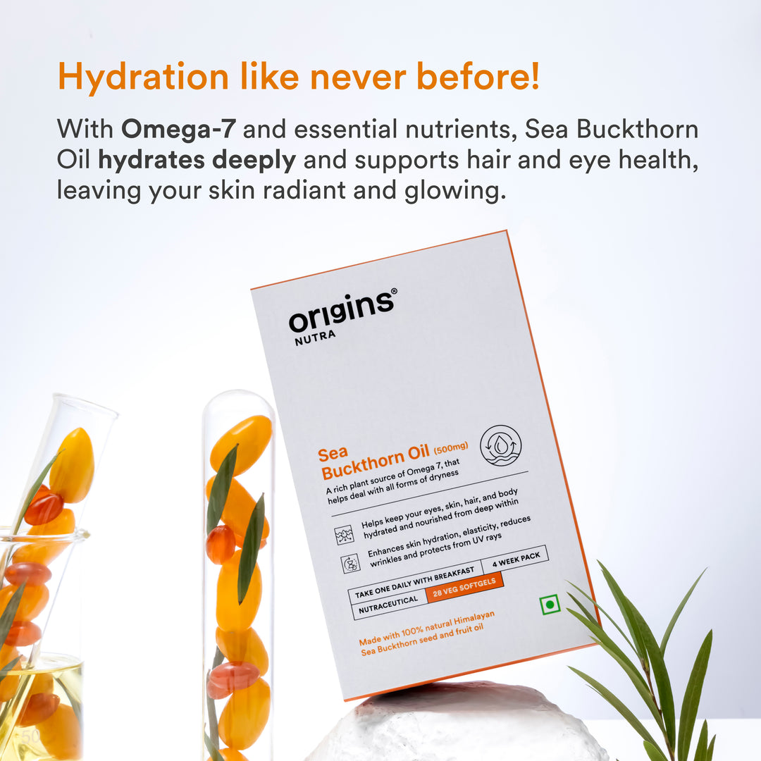 sea buckthorn oil- with omega 7 and essential nutrients, sea buck thorn oil hydrates deeply and supports hair and eye health, leaving your skin radiant and glowing.